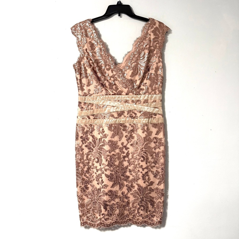 Tadashi Shoji Cocktail Dress Rose Gold Embroidered Sequin Lace Sheath‎ V Neck 14